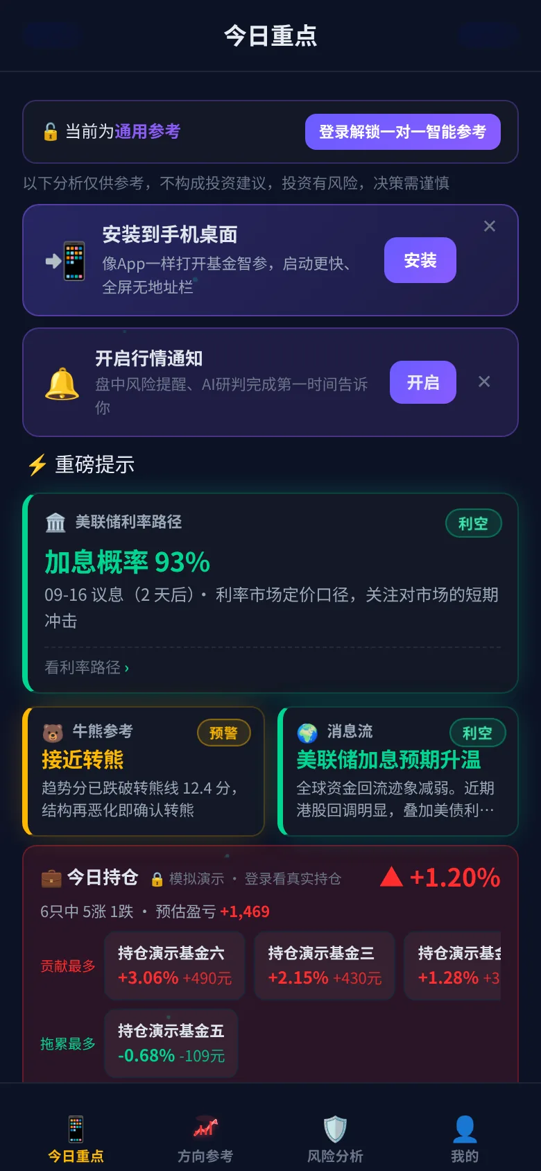 添机 · 基金智参 首页实拍（游客视角）
