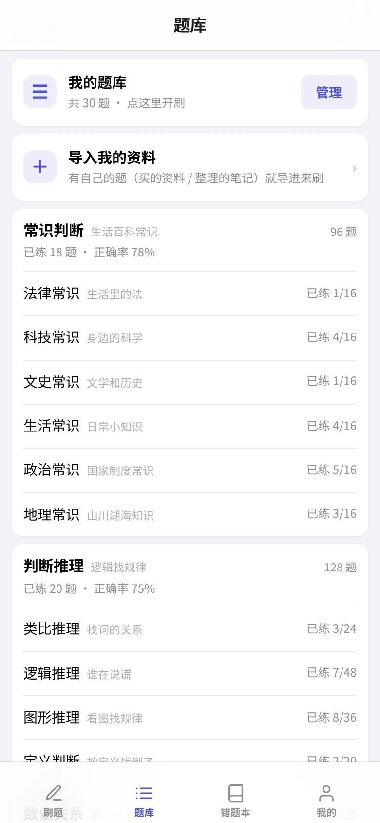 题库页:五大模块 36 个考点,按考情配比